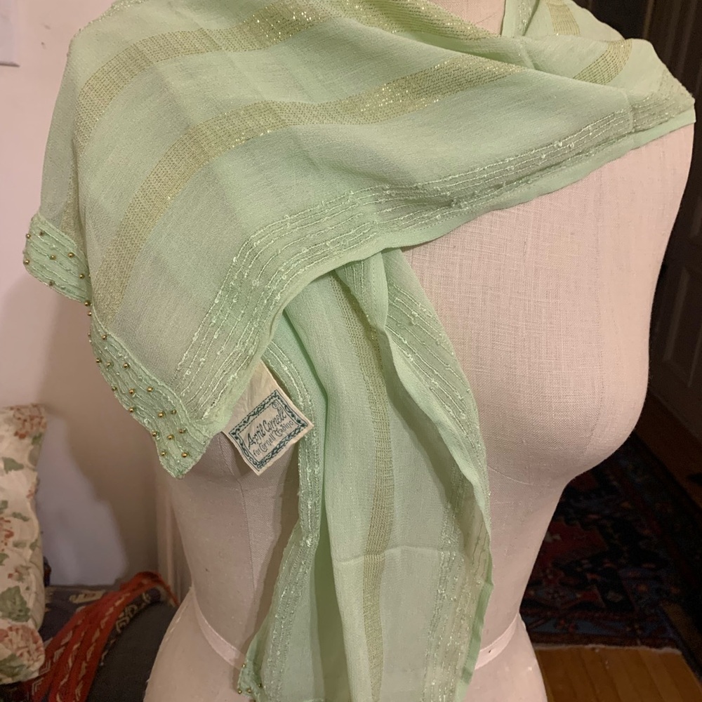 April Cornell Light Green Scarf with Subtle metallic gold Stripes